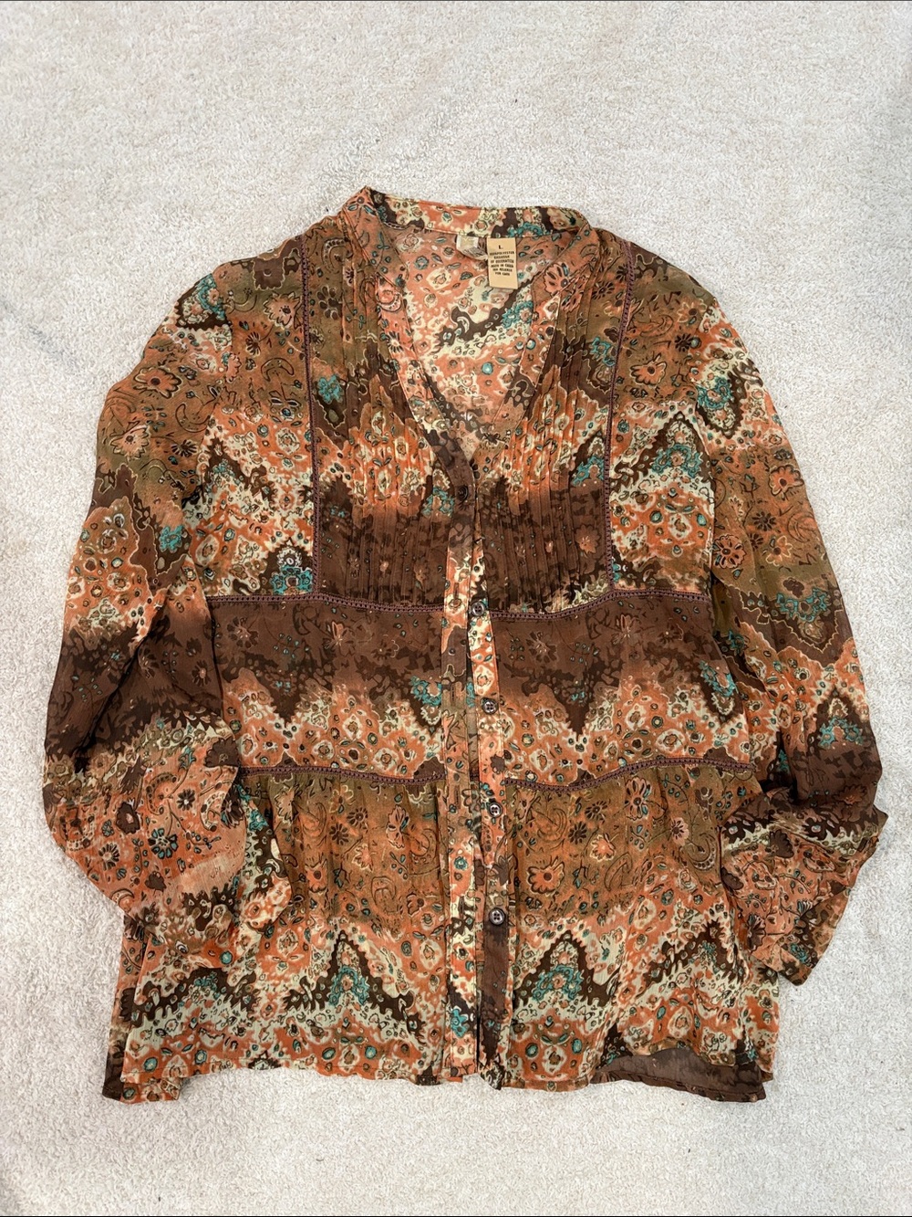 BKE Multicolor Paisley V-Neck Button Blouse – Rust, Brown & Teal